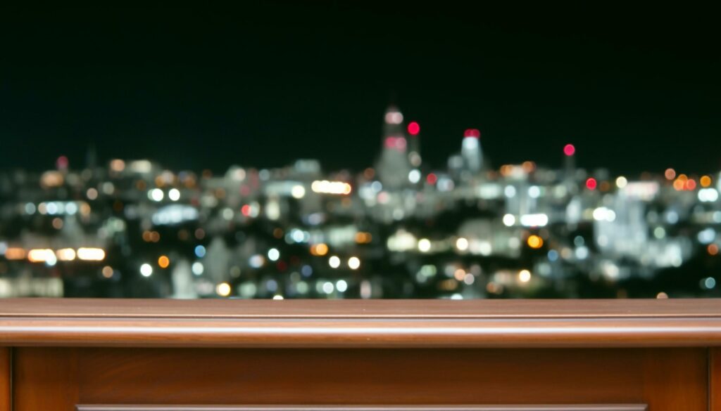 Empty office desk with defocused cityscape backdrop and glowing lighting generated by AI Stock Free