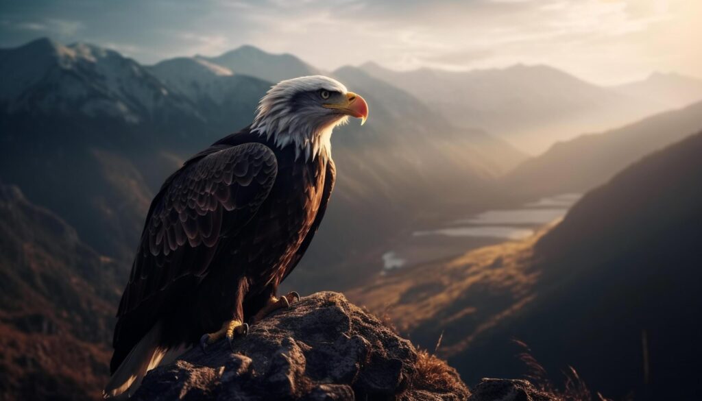 The majestic bald eagle perching on mountain peak at sunset generated by AI Free Photo