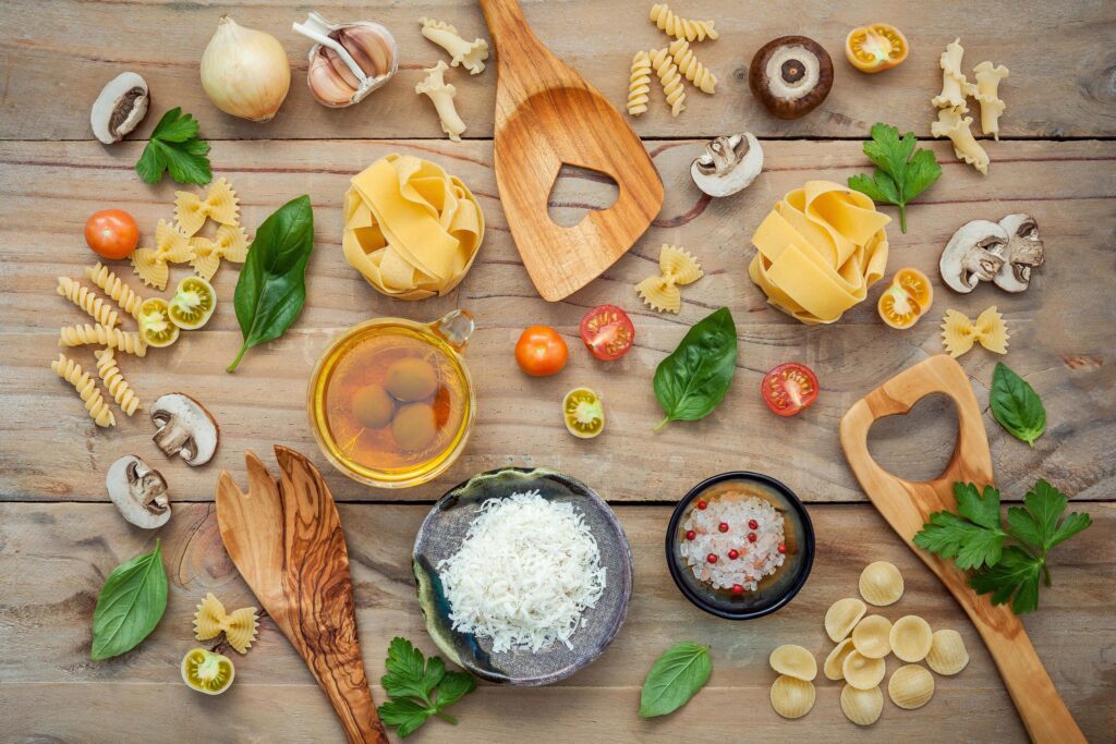 Italian food flat lay on wood Stock Free