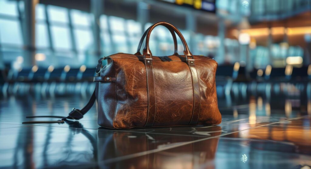 Brown Leather Travel Bag Resting on a Polished Floor in an Airport Stock Free