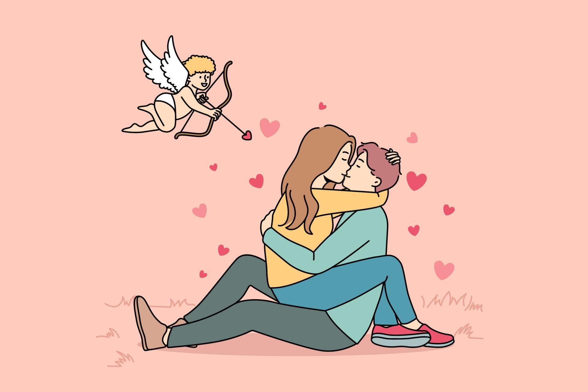 Cupid shooting with arrows in to happy couple kissing. Woman sitting on man hugging and cuddling. Love and relationship. Vector illustration. Stock Free