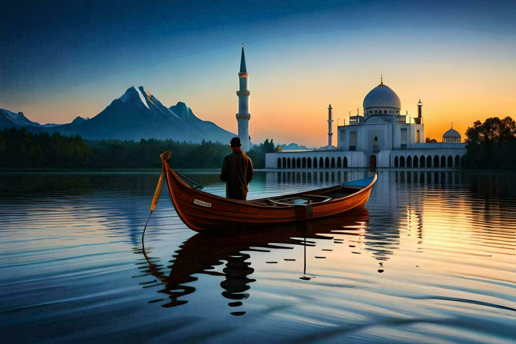 Majestic sunset over the mosque and boat on the lake AI Generate Stock Free