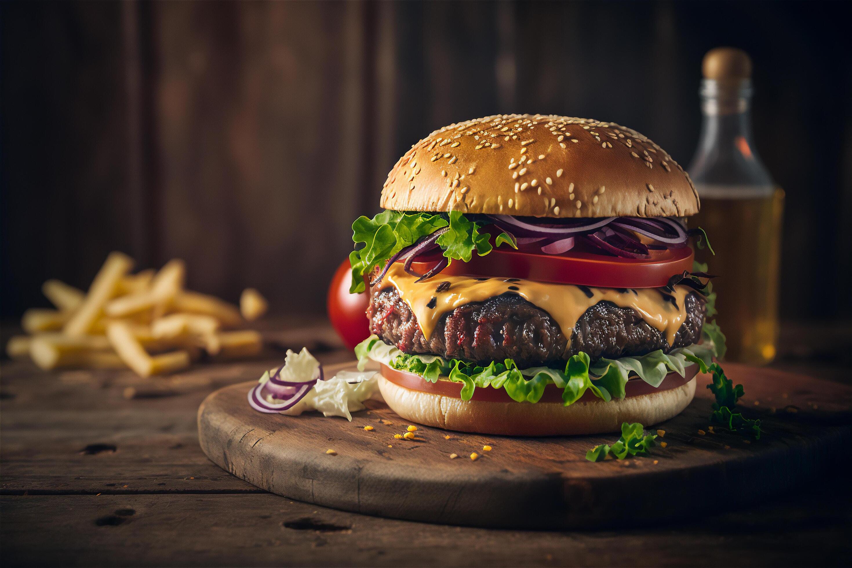 Tasty homemade hamburger on rustic wooden table. Copy space. Advertising. . Fast food snack Stock Free