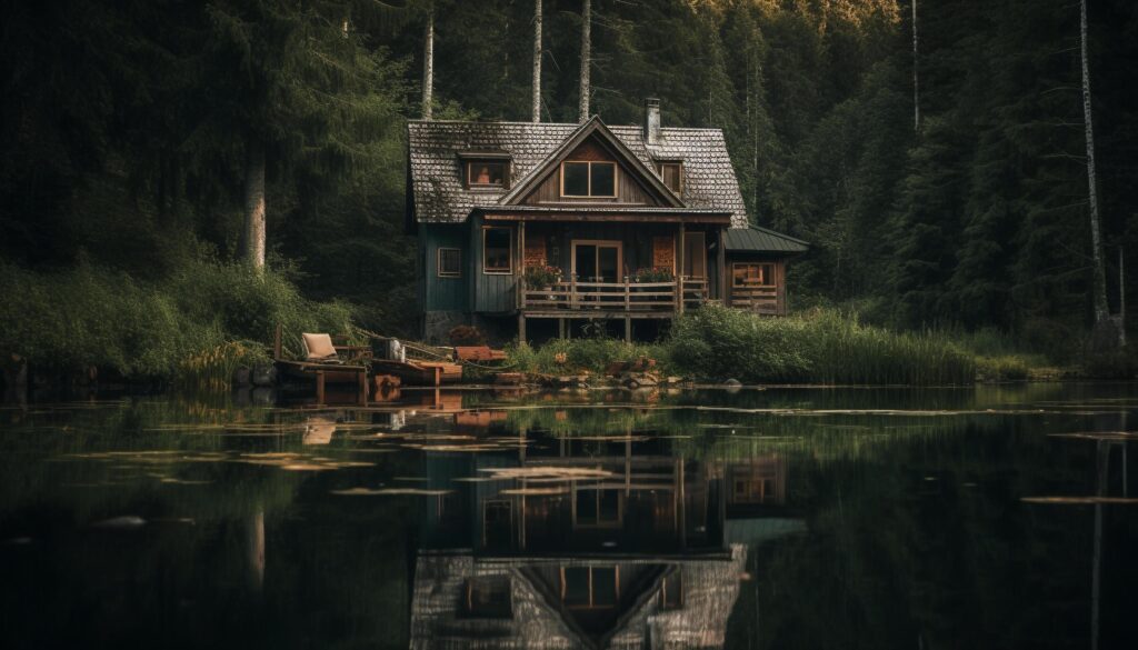 Adventure in non urban scene rustic boathouse on tranquil pond generated by AI Stock Free