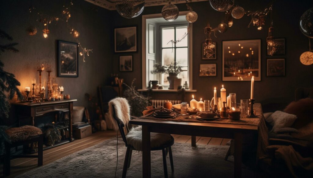 Cozy candlelight illuminates rustic winter home decor generated by AI Stock Free