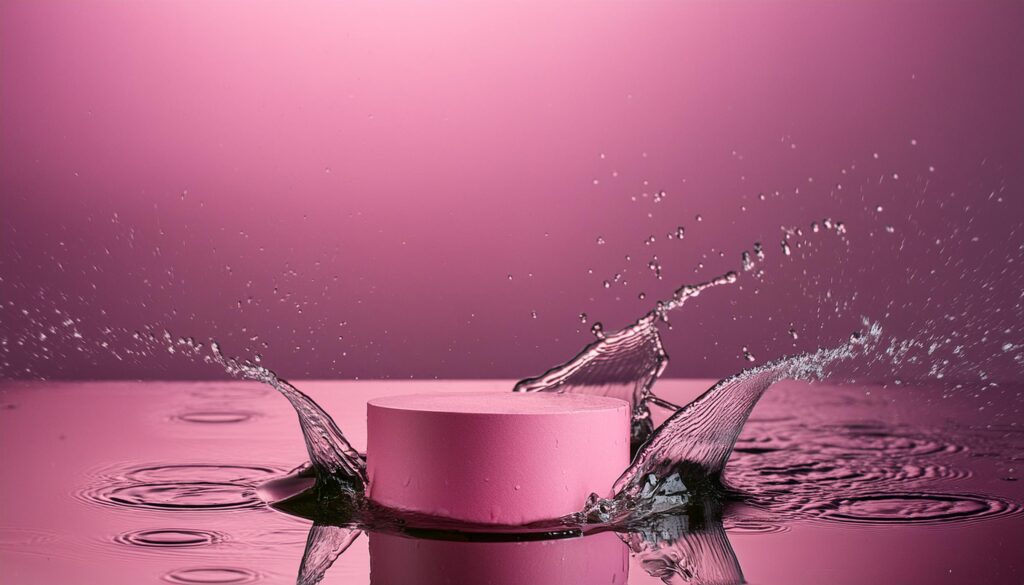 empty pink podium mockup with water splash on a pink gradient background for product display Stock Free