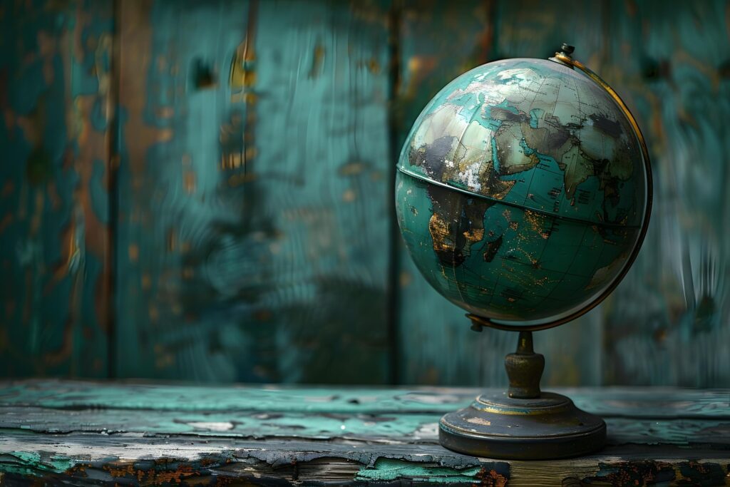 Small globe on wooden table with green background Stock Free