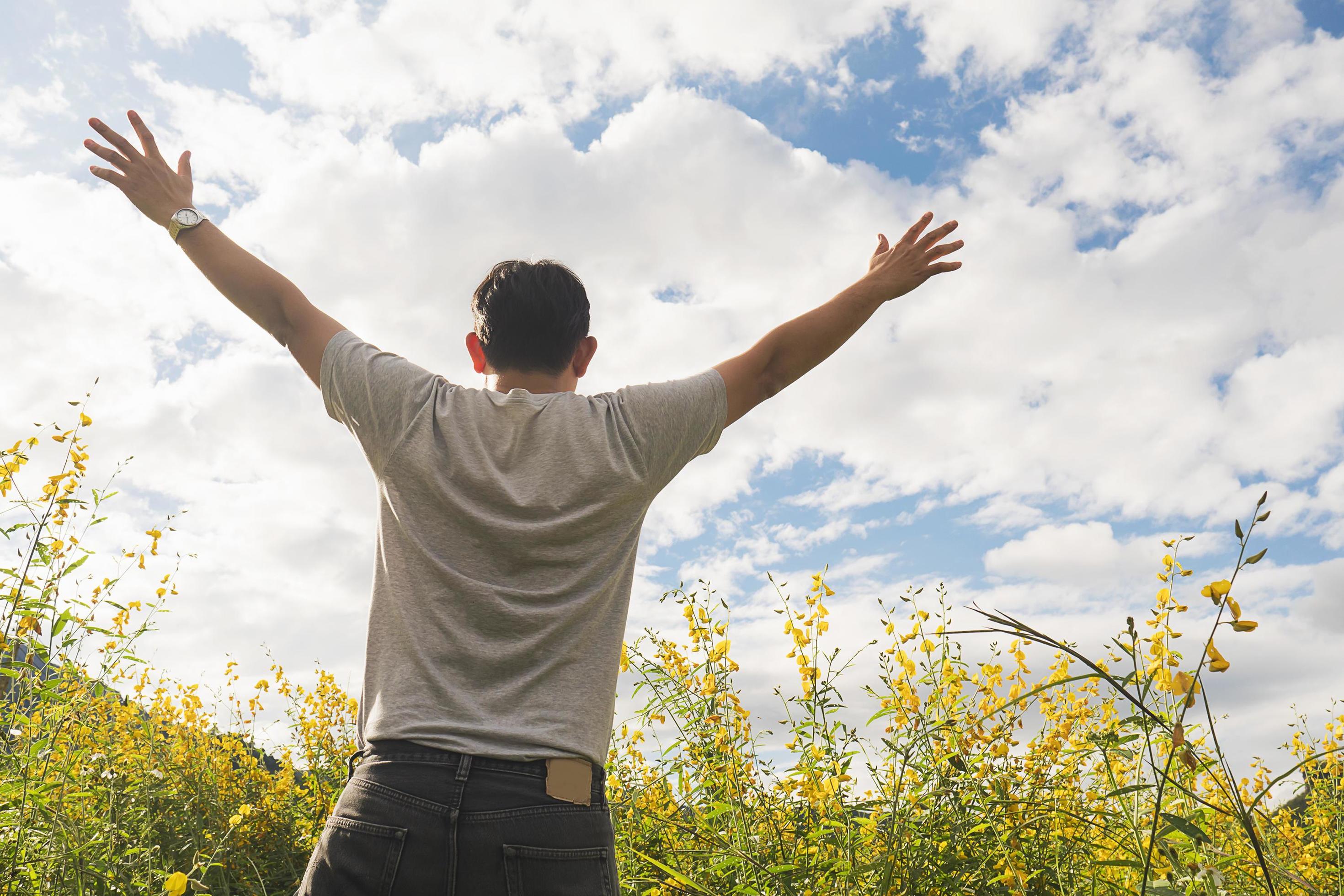 Happy man in nature of yellow field flower and bright sky white cloud Stock Free