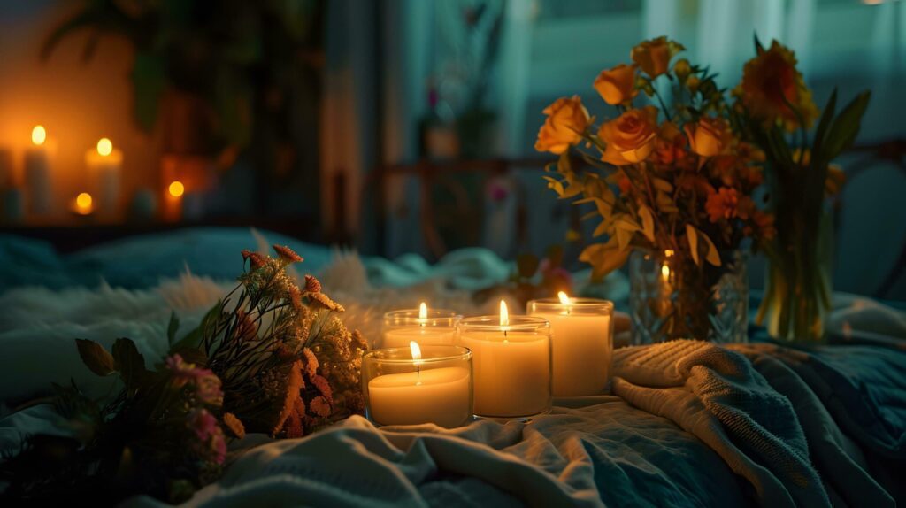 Candlelight Whispers Amongst Autumnal Floral Hues Free Photo