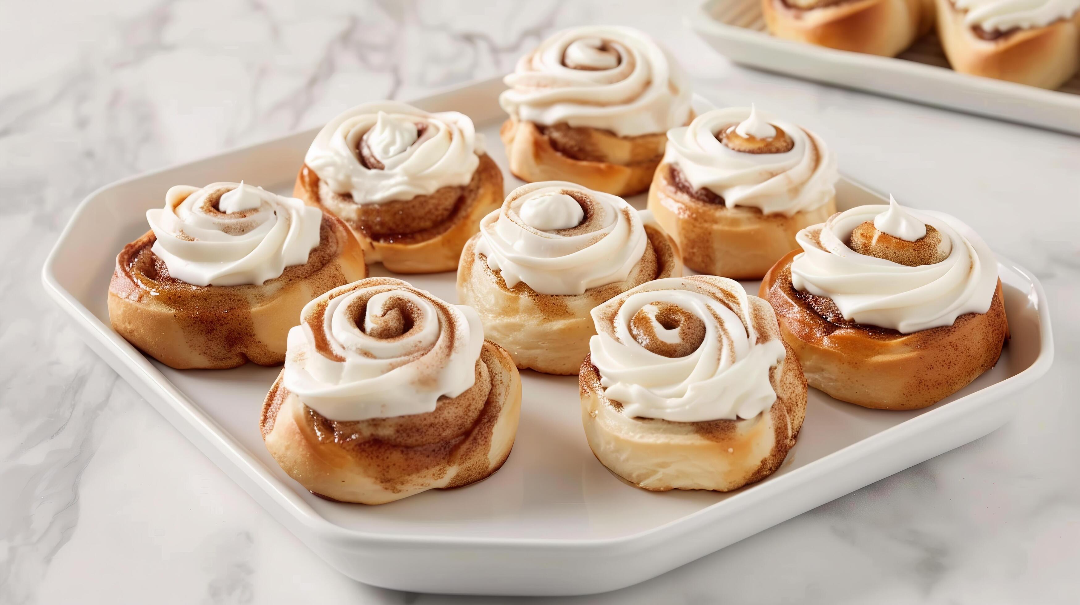 Homemade cinnamon rolls with cream cheese frosting, arranged on a white platter. Stock Free