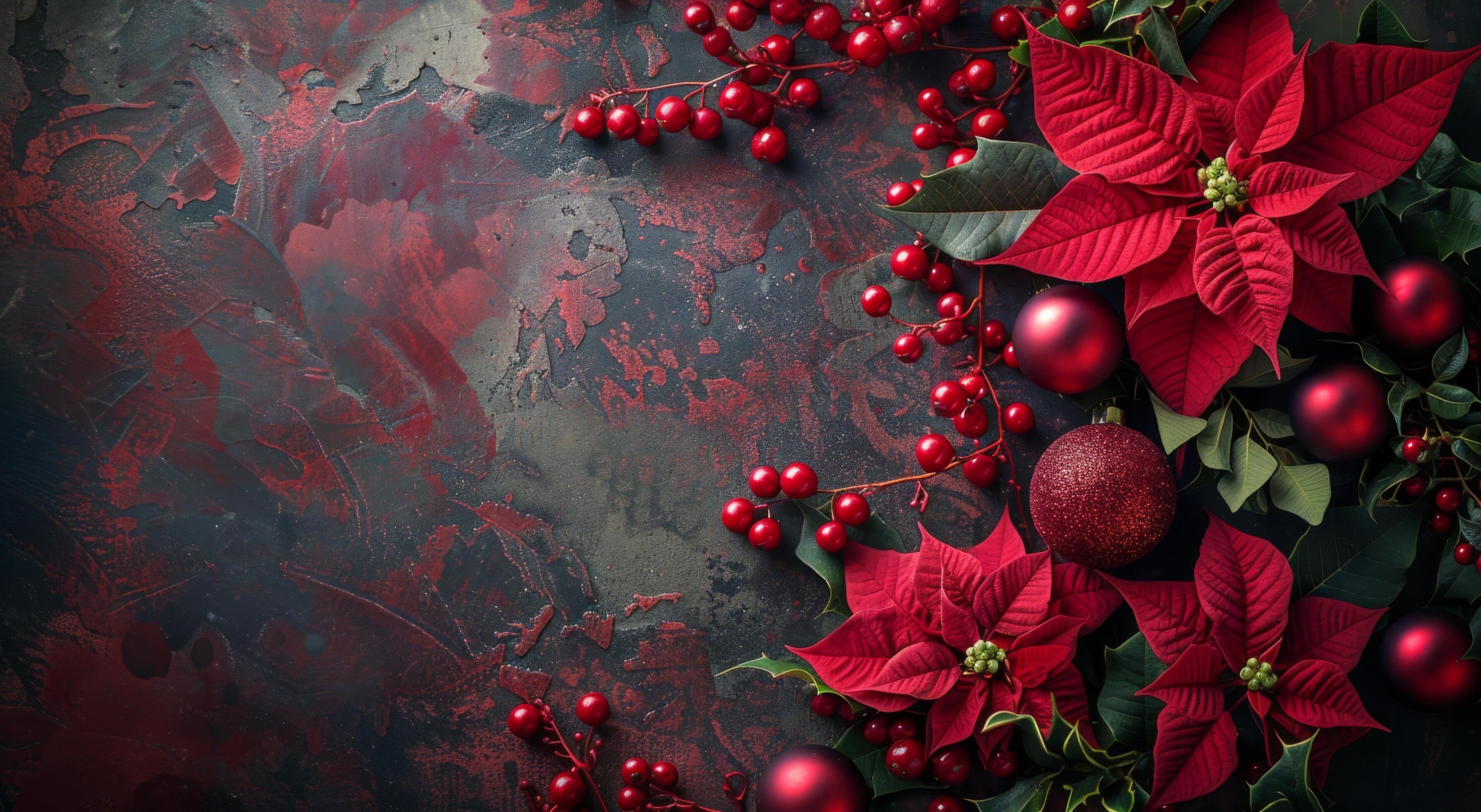 Christmas Decorations With Holly, Poinsettia, and Pine Cones on a Red Background Stock Free