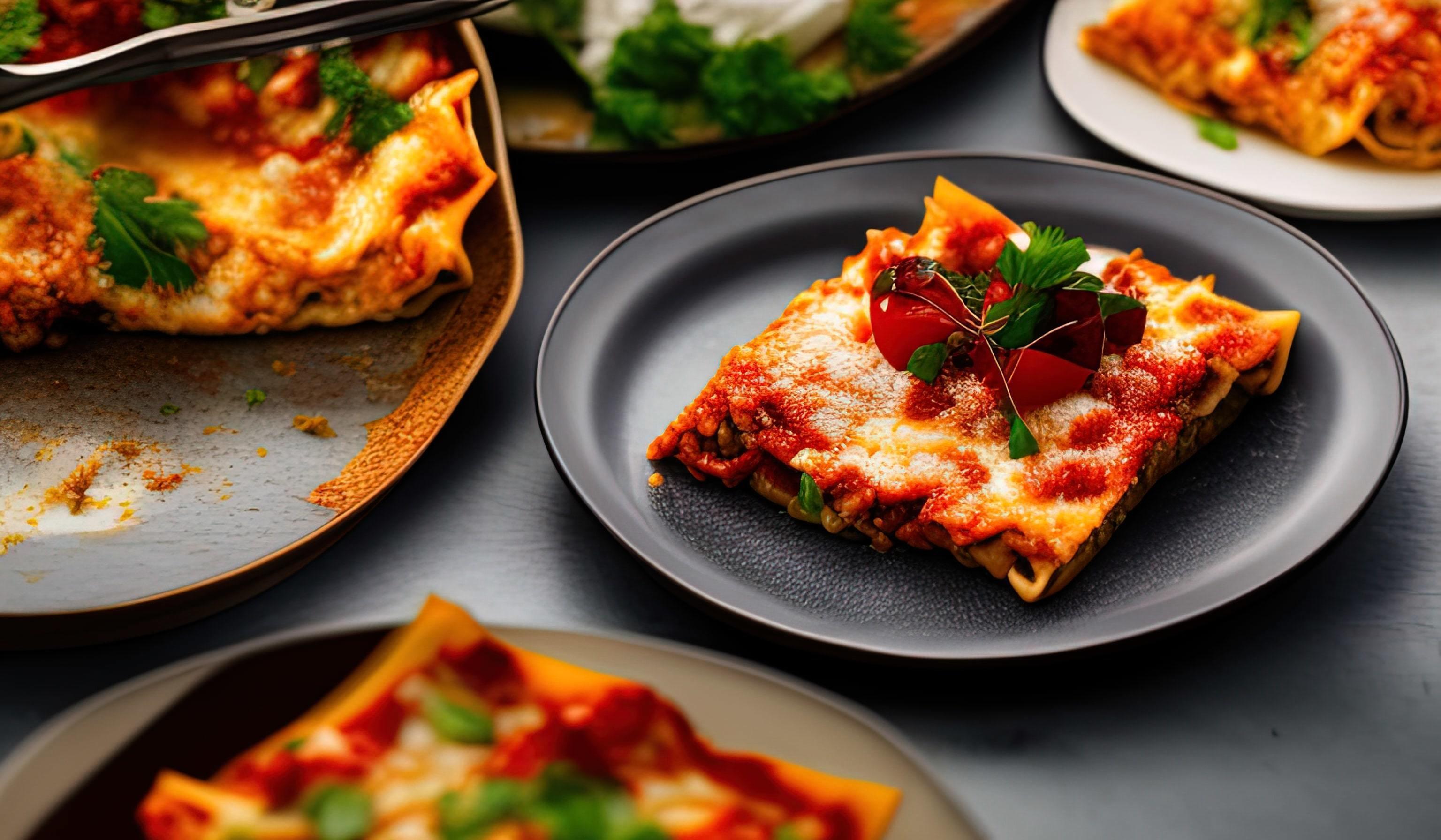 professional food photography close up of a Plate of lasagna on a dark gray background Stock Free