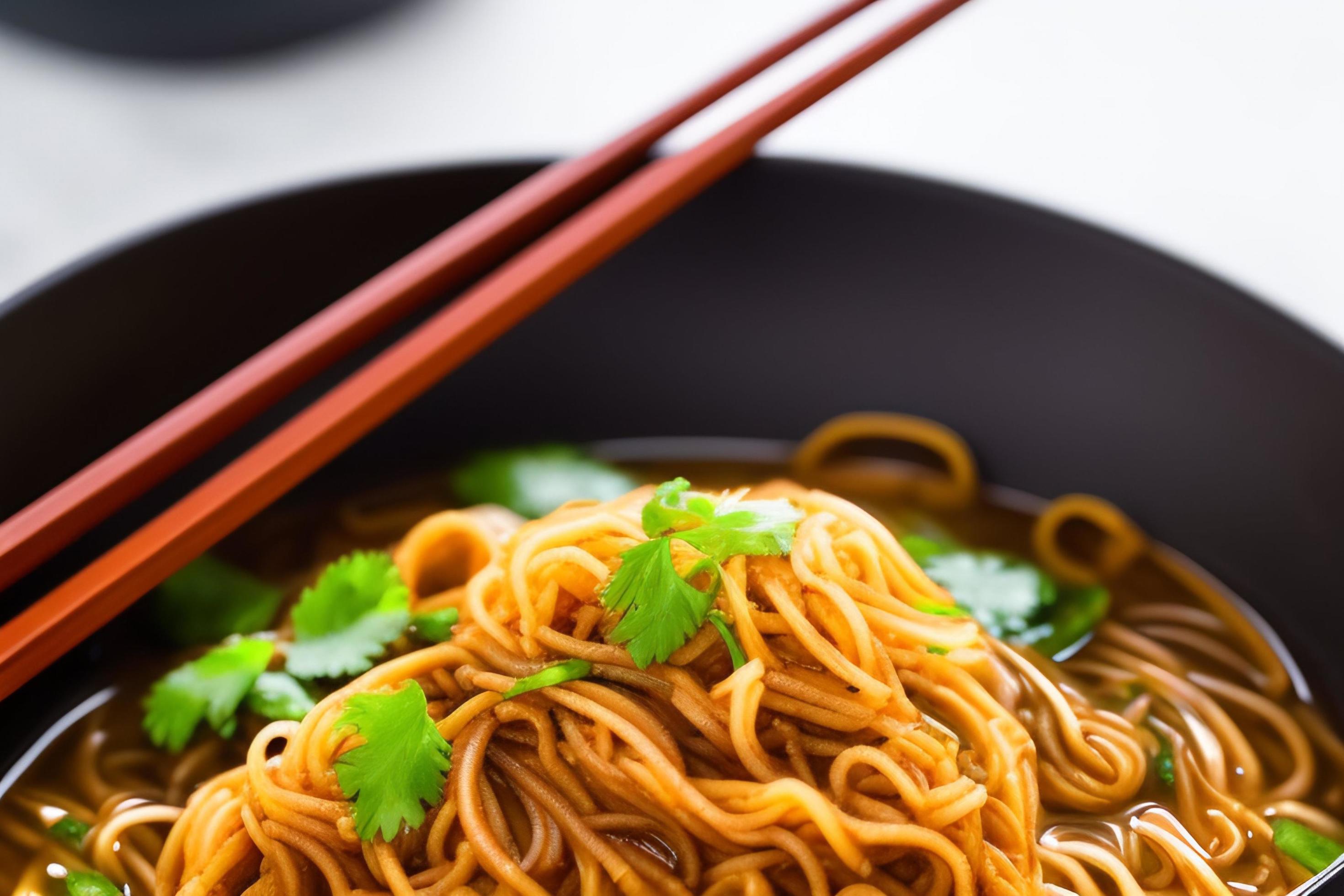 Delicious noodles. Fast food meal with appetizing pasta and chopsticks. Stock Free