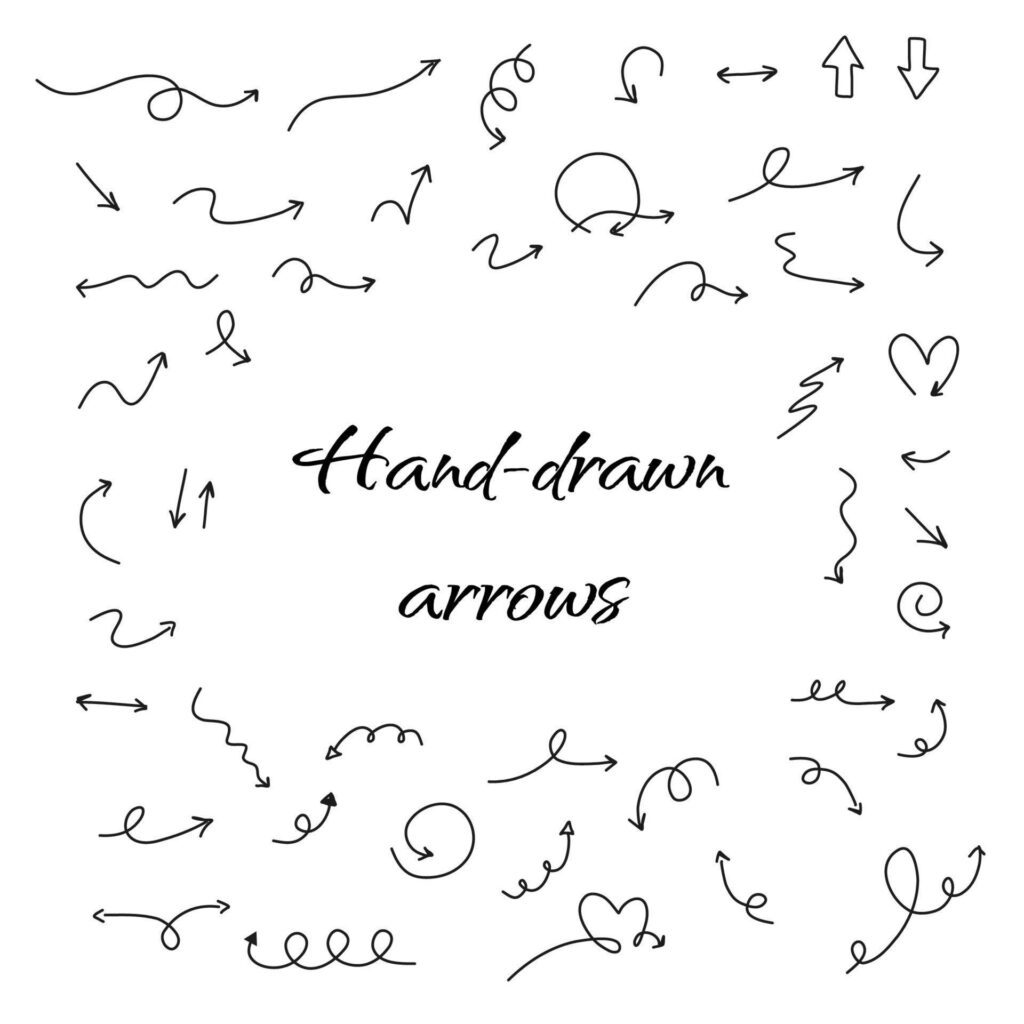 Hand drawn arrows set. Collection of vector doodle arrows in different shapes and directions. Stock Free