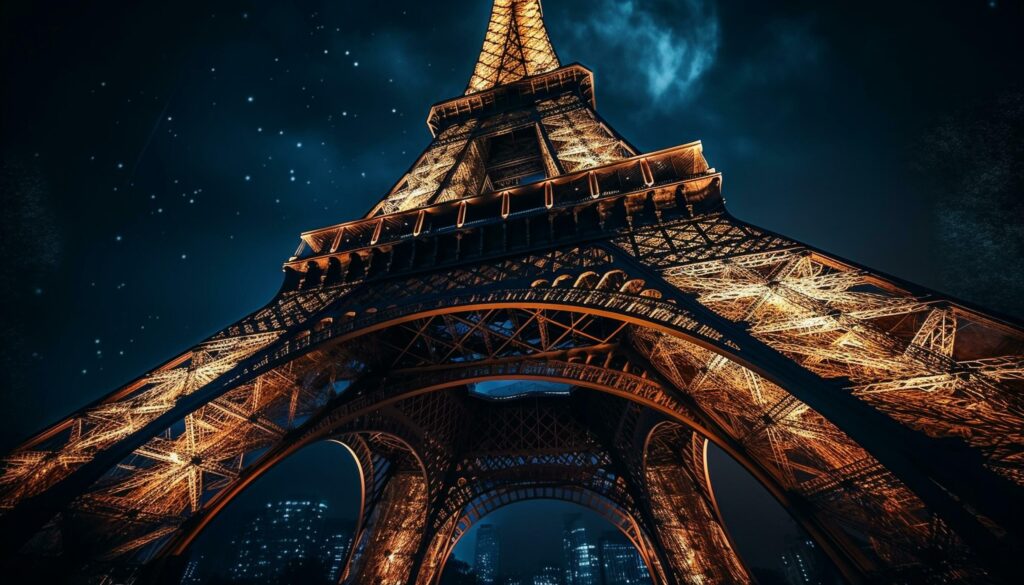 Majestic Eiffel Tower illuminates Paris at night generated by AI Stock Free