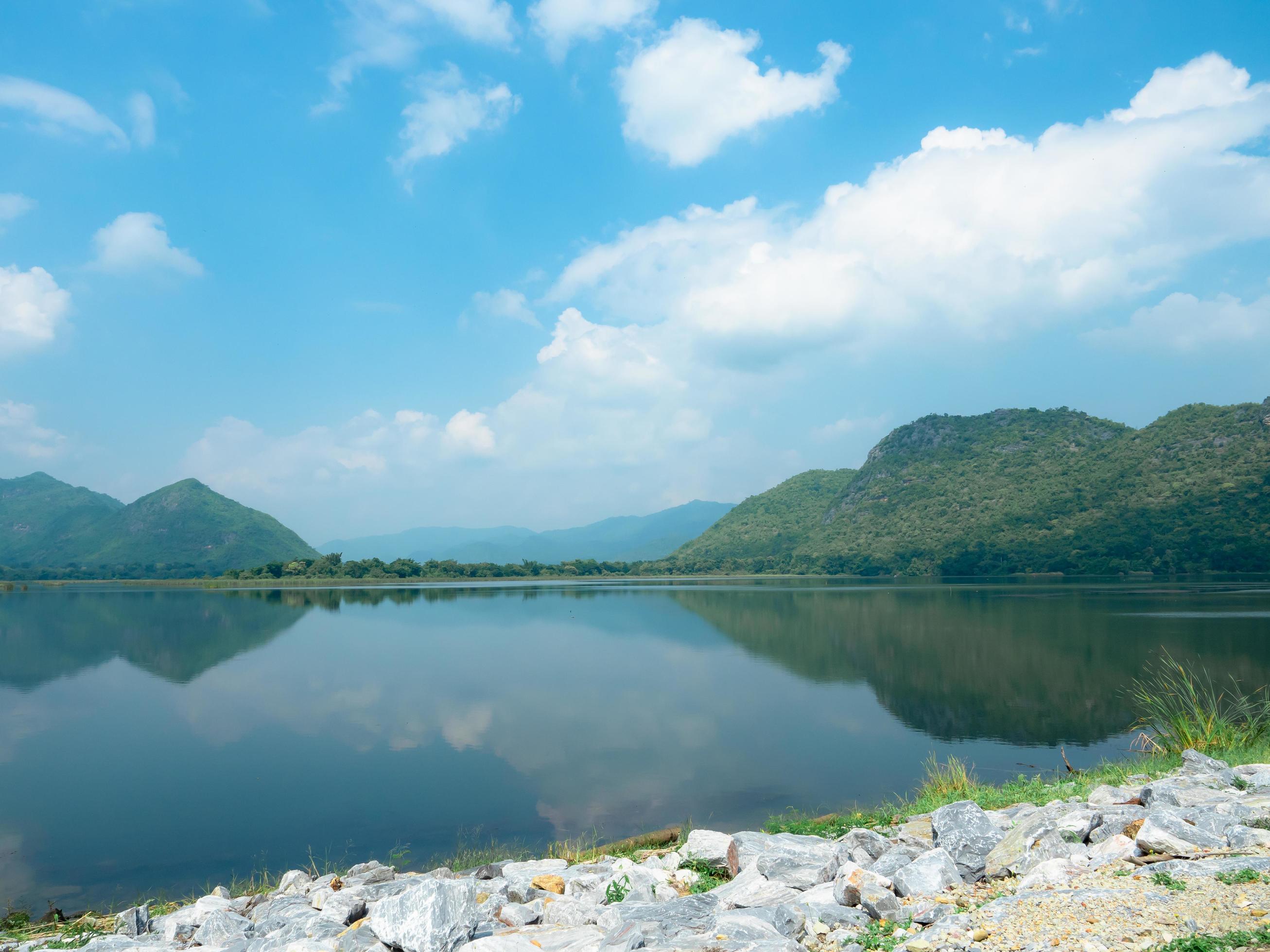 Nature view mountain and lake with blue sky and white cloudy landscape and valley shadow in the river,Beautiful natural for travel Stock Free