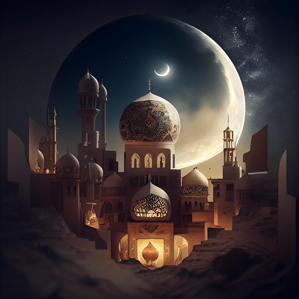 Ramadan Kareem background with mosque and moon. 3D rendering, Image Stock Free