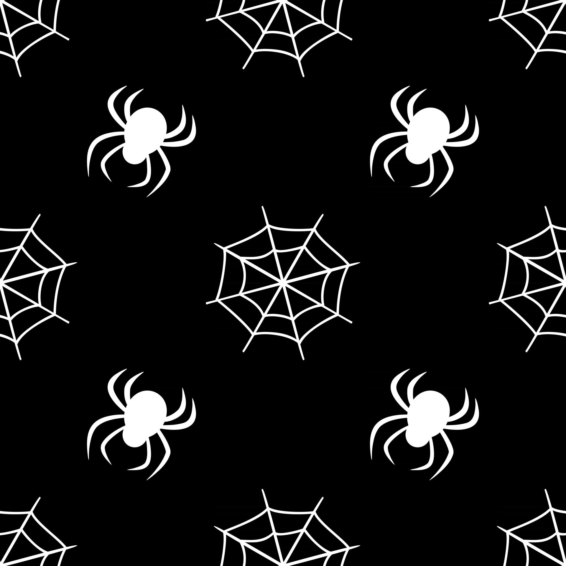 Cute seamless pattern with white cobwebs and spiders on a black background. Halloween party decoration. Bright print for paper, textiles and design Free Vector