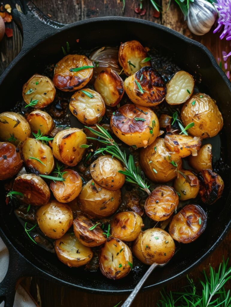 Roasted baby potatoes in iron pan. Free Photo