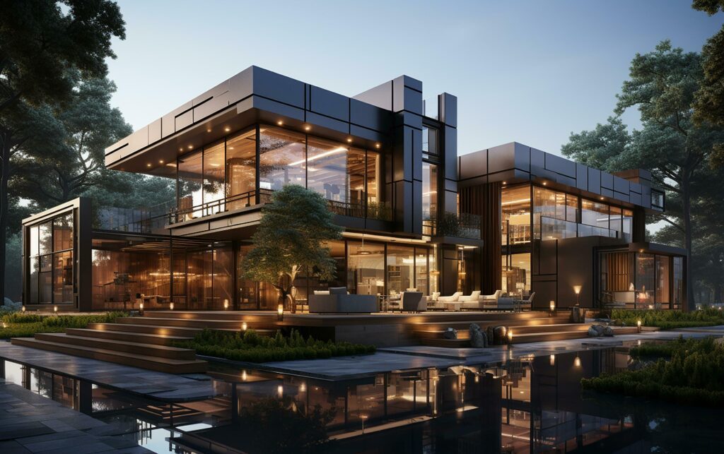 unique industrial architecture house in daylight, photo-realistic AI generative Stock Free