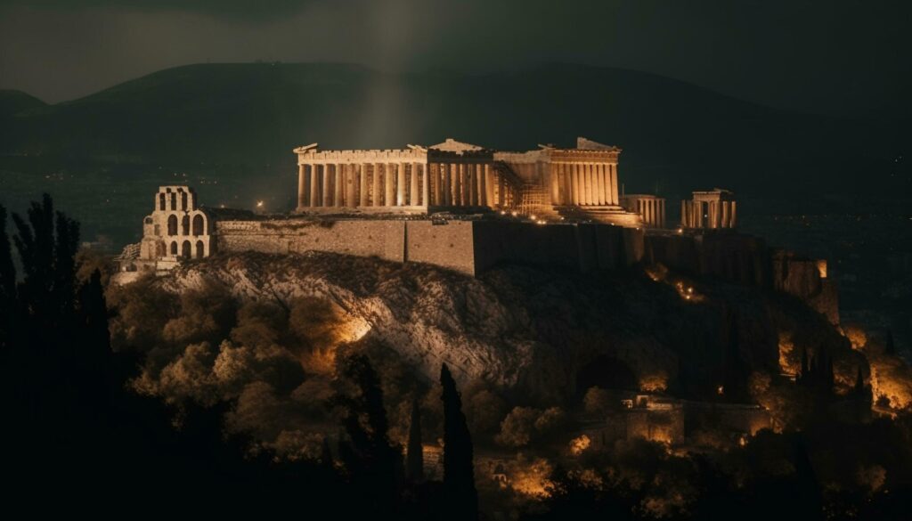 Majestic ruins of ancient Greek gods illuminated at dusk generated by AI Stock Free