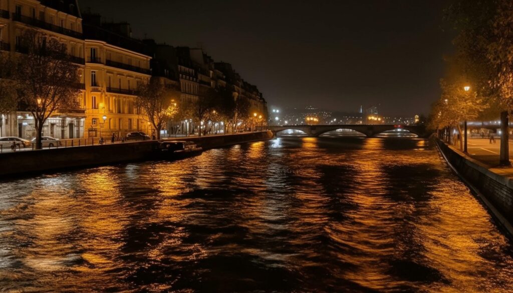 Illuminated cityscape reflects on water at dusk generated by AI Stock Free