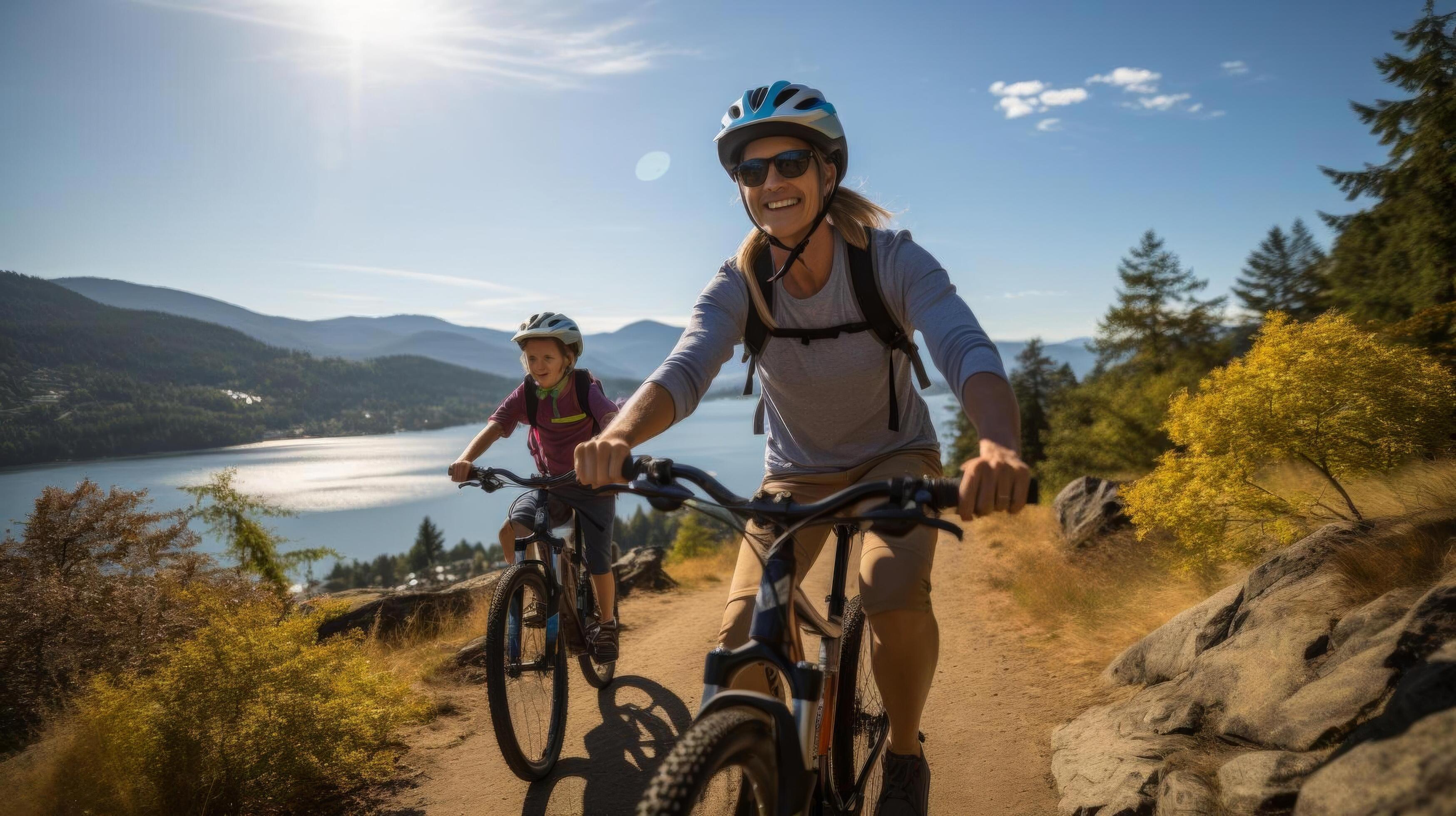 Young family with children biking on a scenic trail, capturing the active and healthy lifestyle of outdoorloving families Stock Free