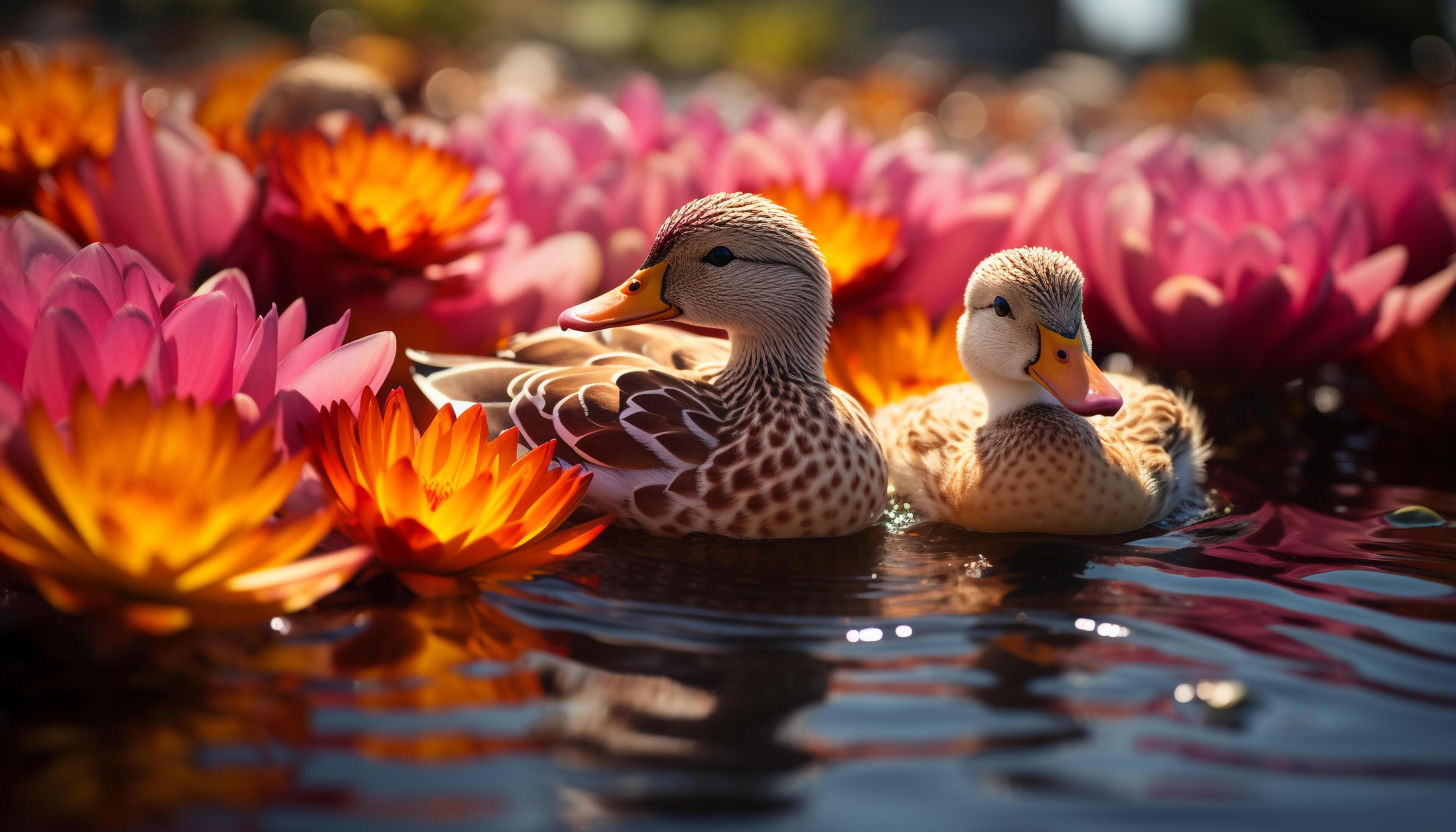 AI generated Duck family quacks near pond, enjoying nature beauty generated by AI Stock Free