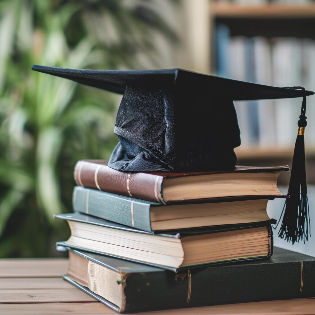 A graduation bachelor cap on a stack of book, knowledge and education concept. Stock Free