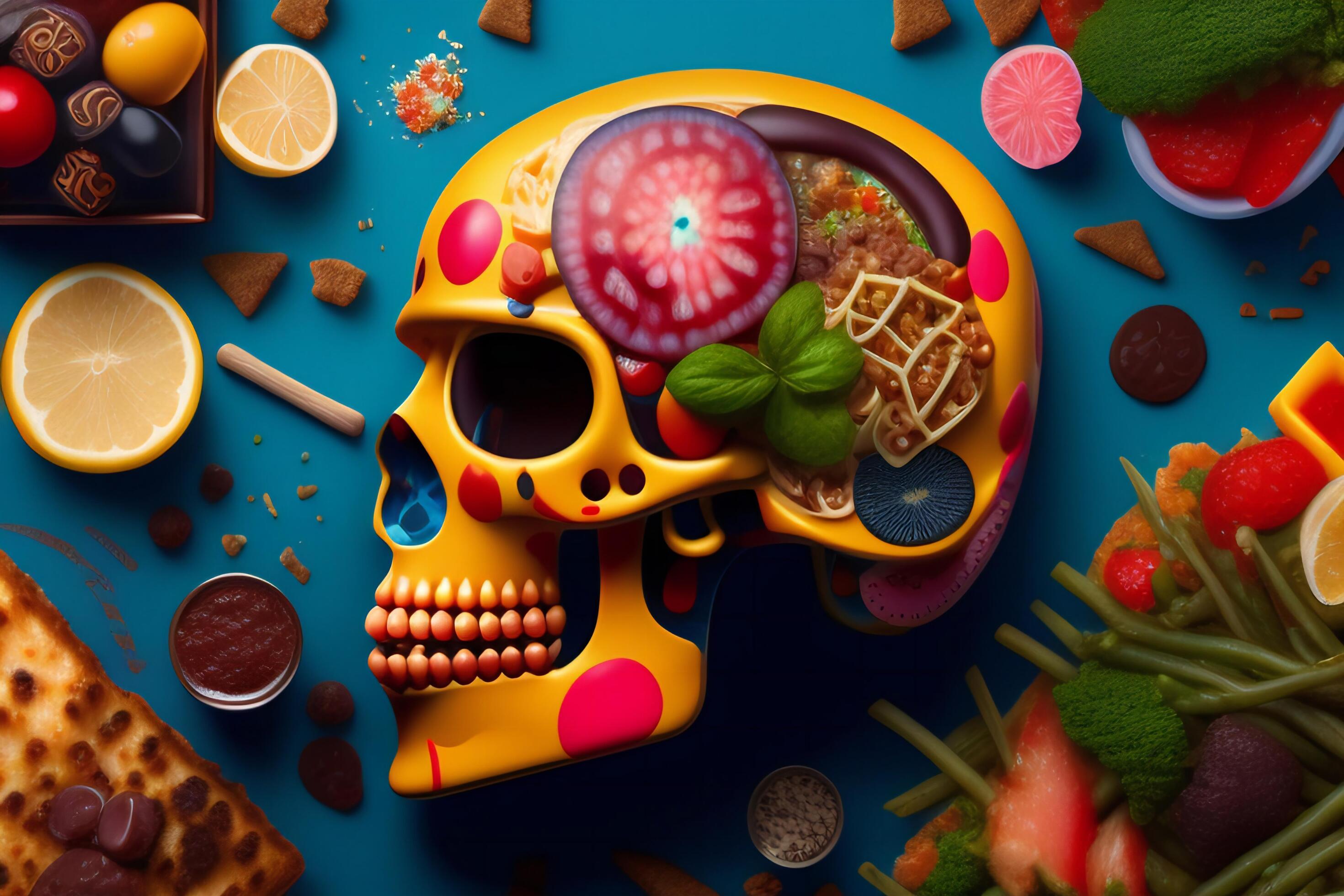 the anatomy of a zoombie head made of junk food. Stock Free