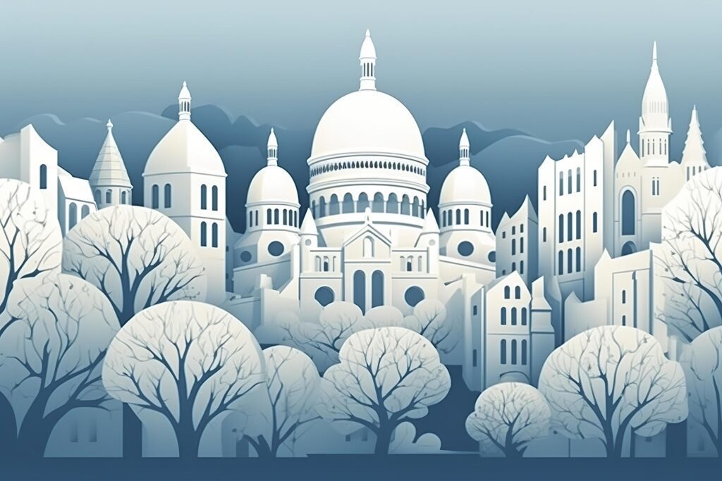 Paris, France, paper art style illustration, white blue pastel color theme, generat ai Stock Free