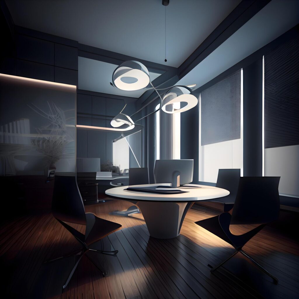 Contemporary office interior with wooden floor and black chairs. 3D Rendering, Image Stock Free