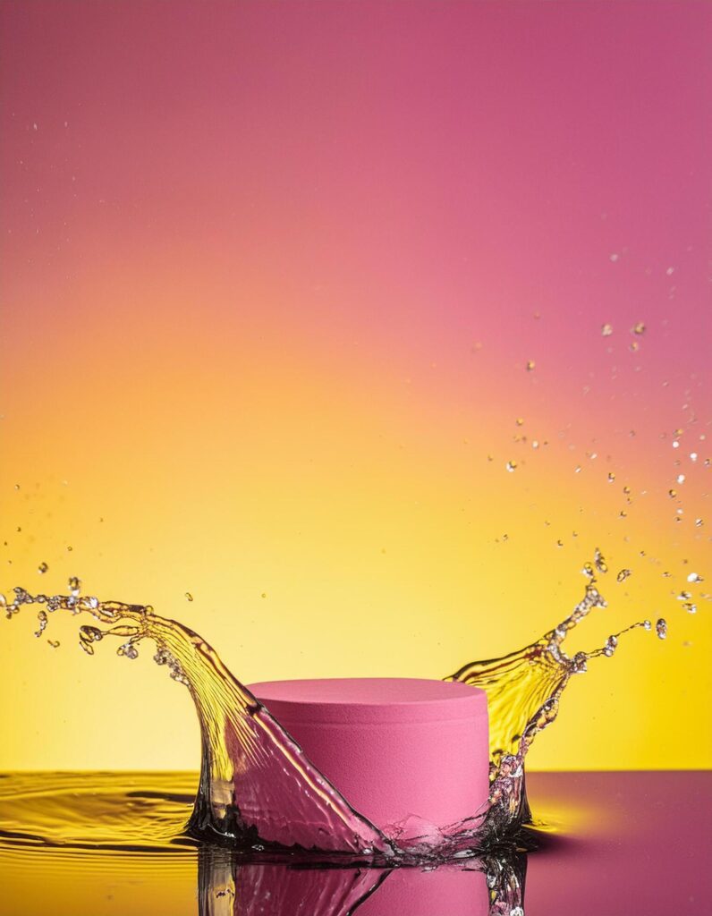 empty pink podium mockup with water splash on a pink and yellow gradient background for product display Stock Free