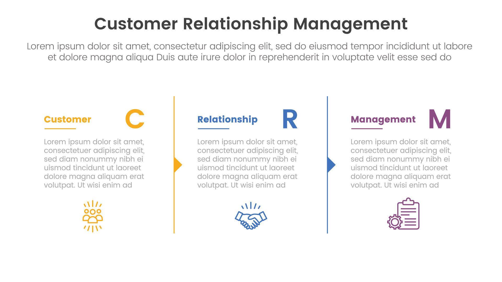 CRM customer relationship management infographic 3 point stage template with column separation with arrow outline for slide presentation Stock Free