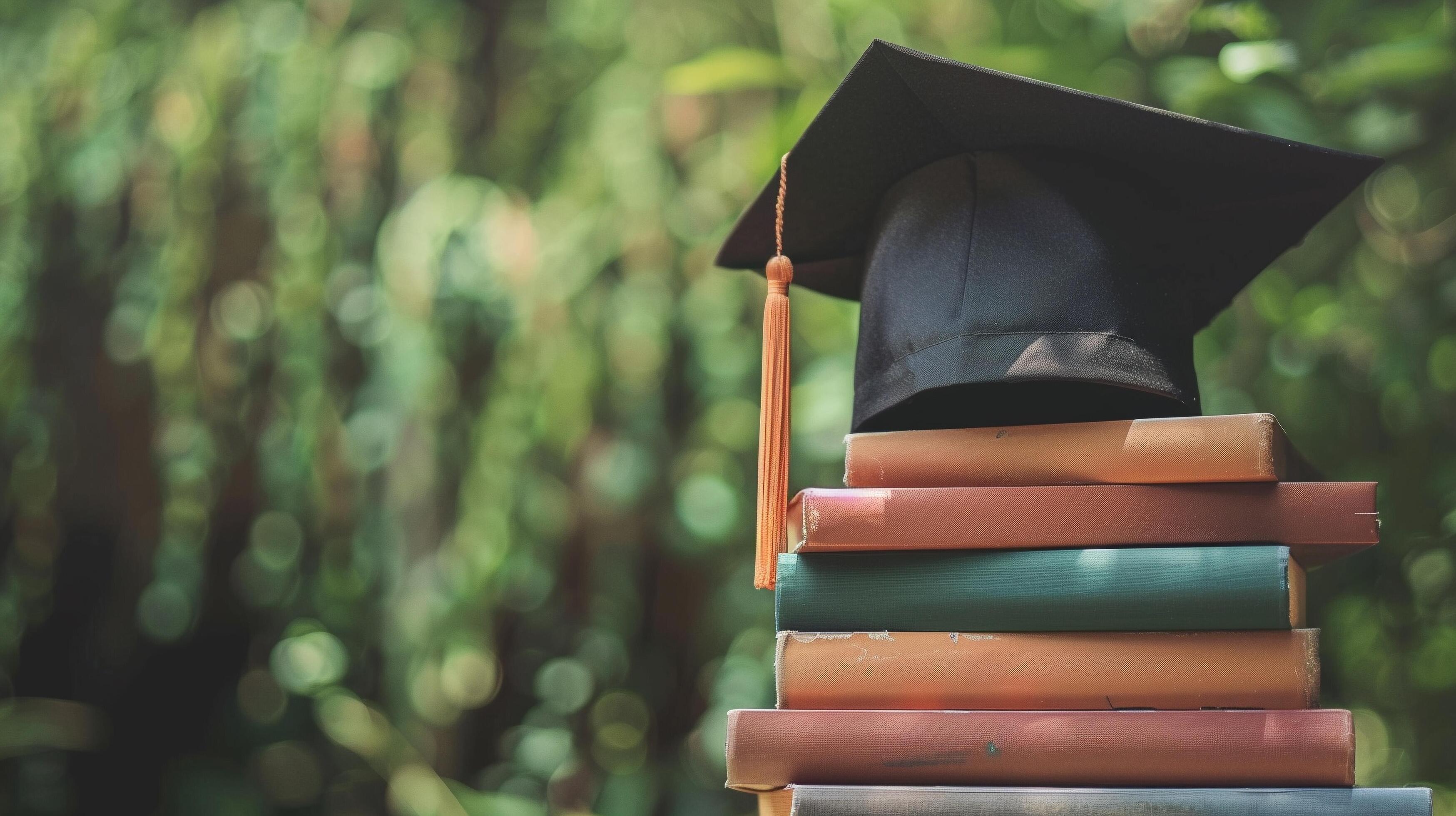 A graduation bachelor cap on a stack of book, knowledge and education concept. Stock Free