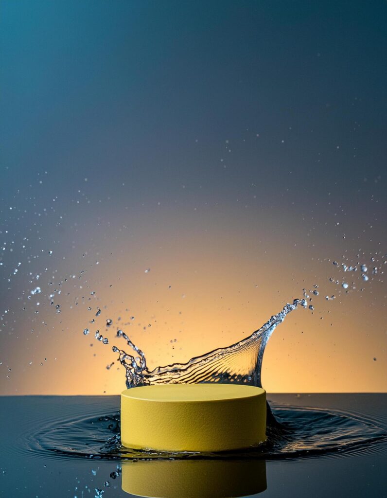 empty yellow podium mockup with water splash on a gradient background for product display Stock Free