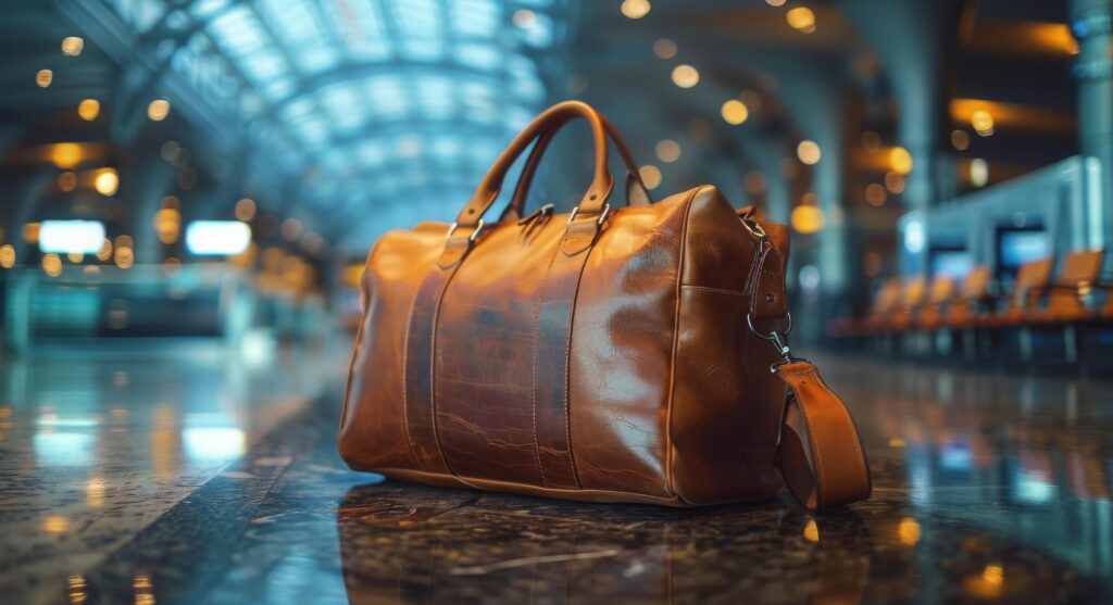 Brown Leather Travel Bag Left On Airport Floor Stock Free