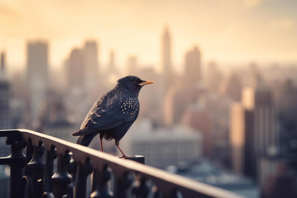 Wild bird perched on steel railing of fire escape, with urban skyline during sunset in background Stock Free