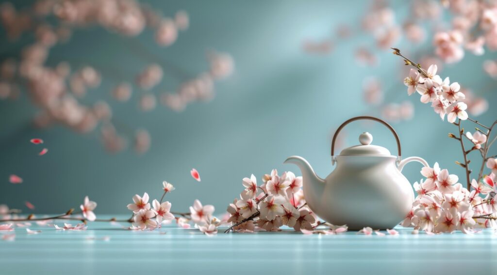 White Teapot and Cherry Blossom Petals on a Blue Background Stock Free