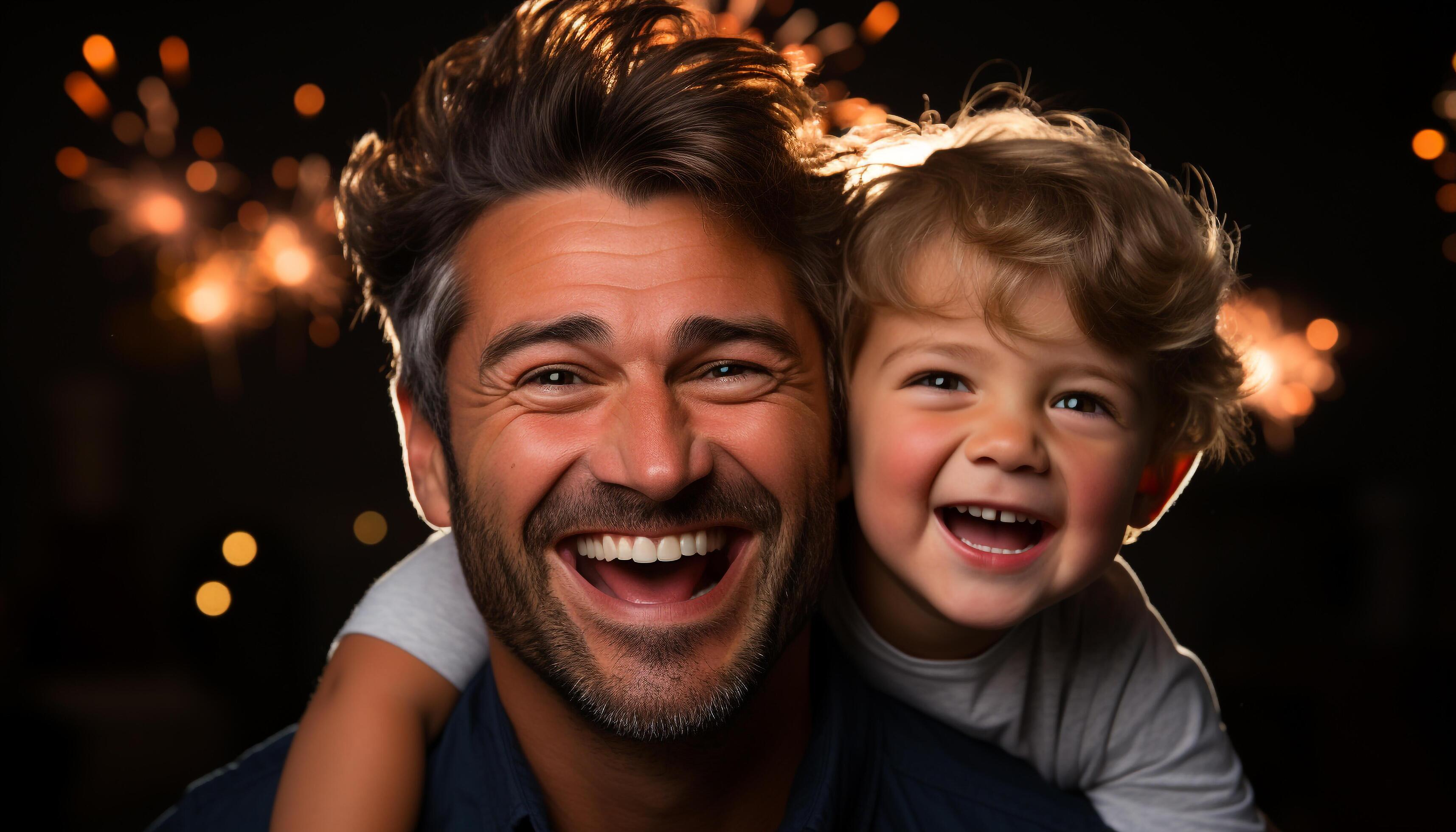 AI generated Smiling family, father and son, cheerful indoors, love and joy generated by AI Stock Free