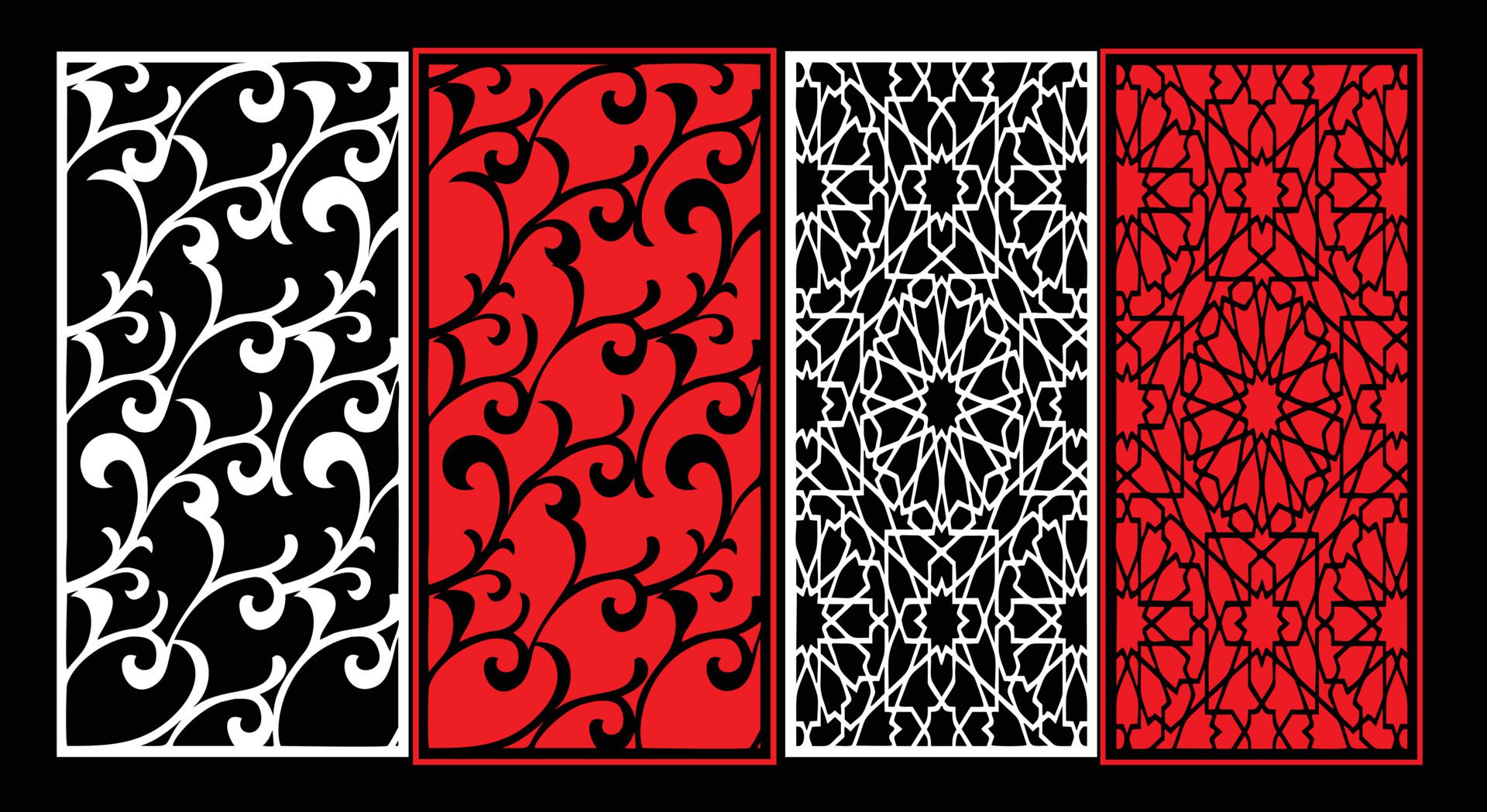 Decorative wall panels set Jali design CNC pattern, laser cutting pattern, router CNCcutting.Jali Laser cut decorative panel set with lace pattern. Free Vector