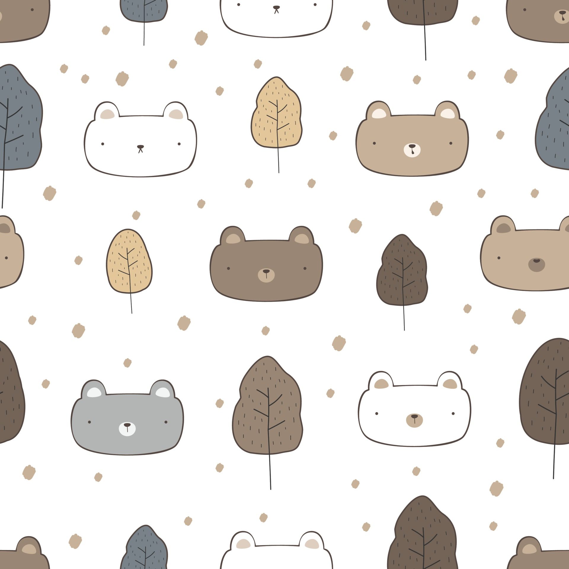 Cute teddy bear and polar bear head cartoon doodle seamless pattern Free Vector