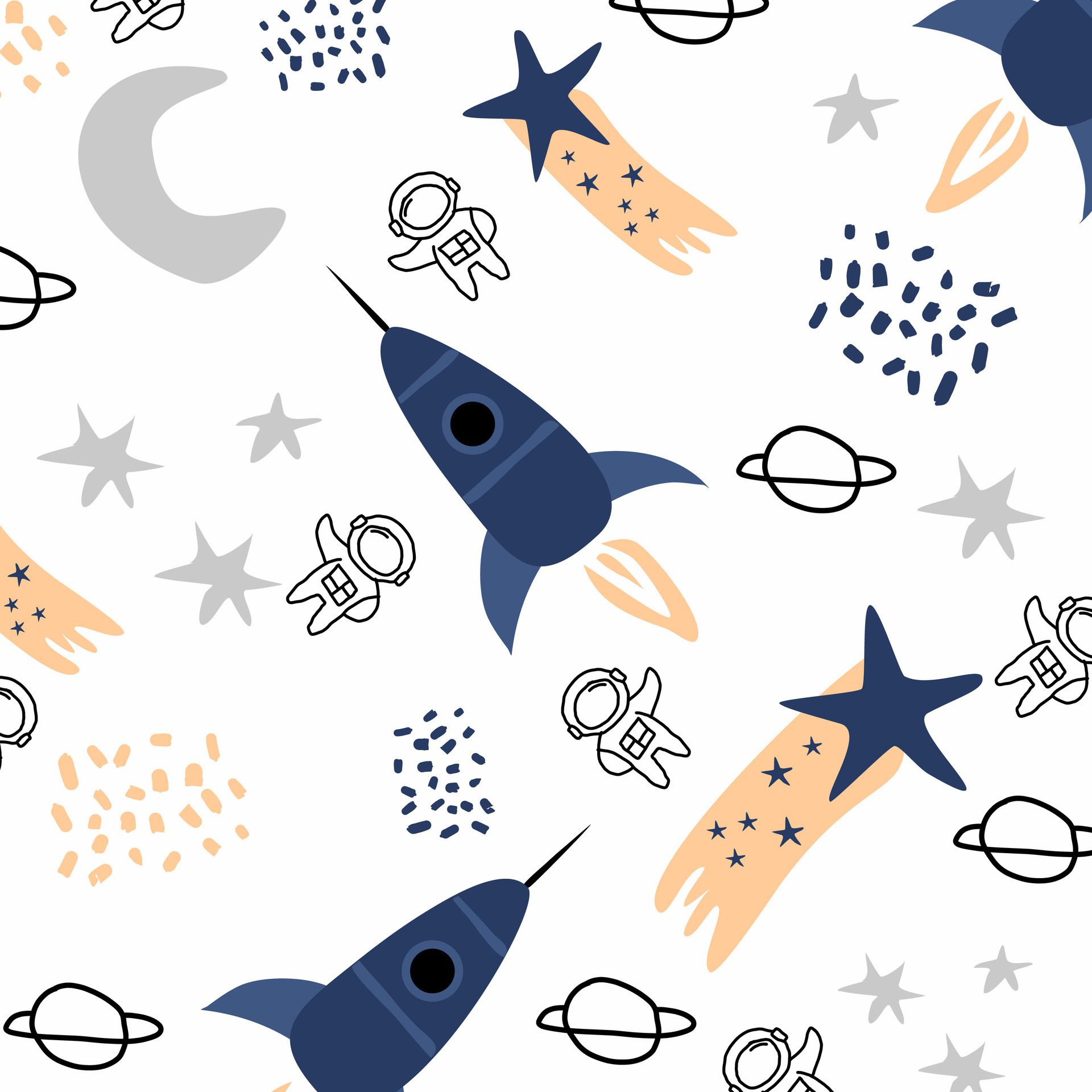 Hand-Drawn Space Pattern with Astronaut, Rocket, Stars, and Planets Free Vector