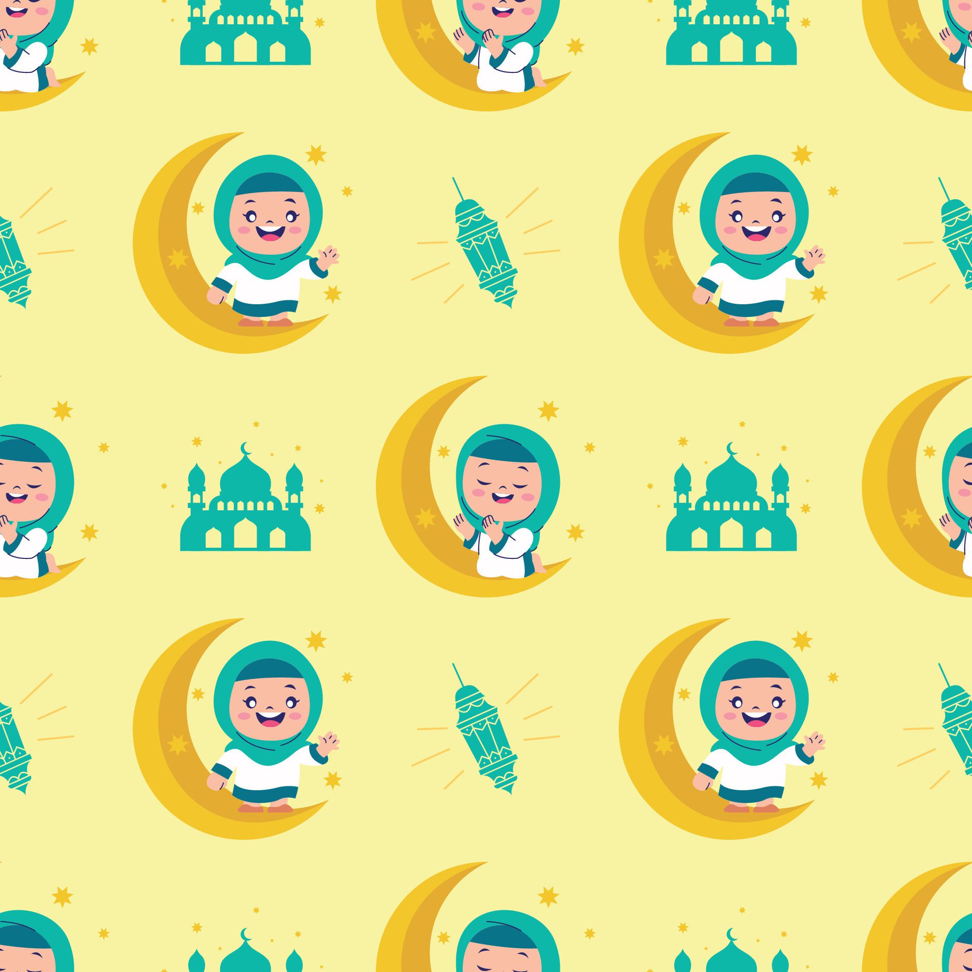 CUTE ISLAMIC GIRL IN HIJAB IS PRAYING ON THE MOON RAMADAN SEAMLESS PATTERN Free Vector