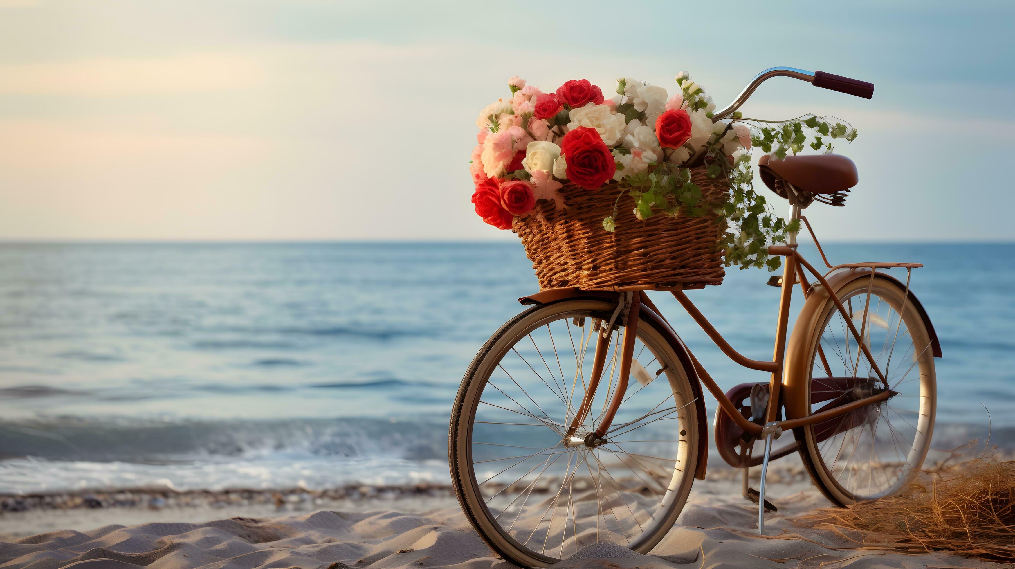 Bicycle with a yellow flower basket next to the sea. Stock Free