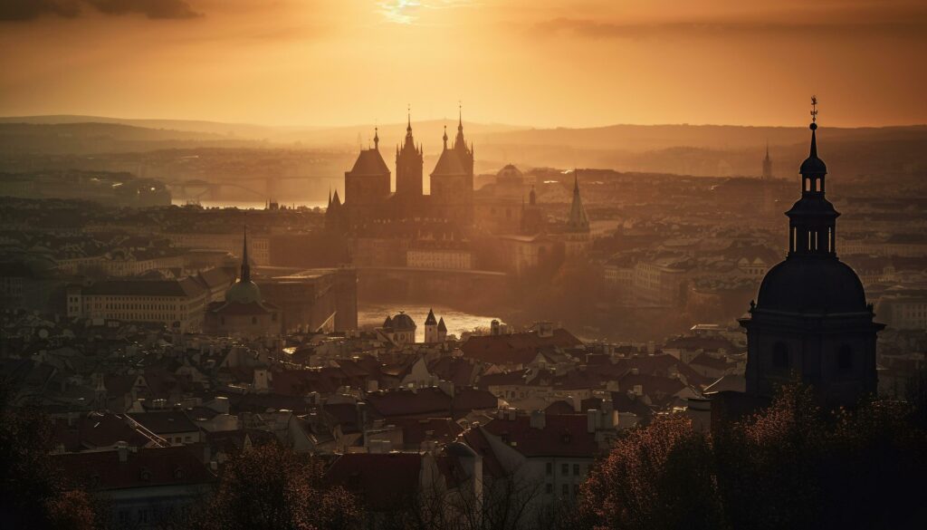 Gothic spires silhouette ancient basilica at twilight generated by AI Stock Free