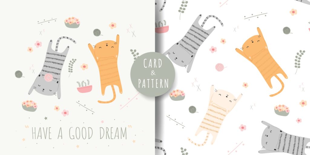 Cute cat kitten sleeping cartoon pastel color card and seamless pattern bundle Free Vector