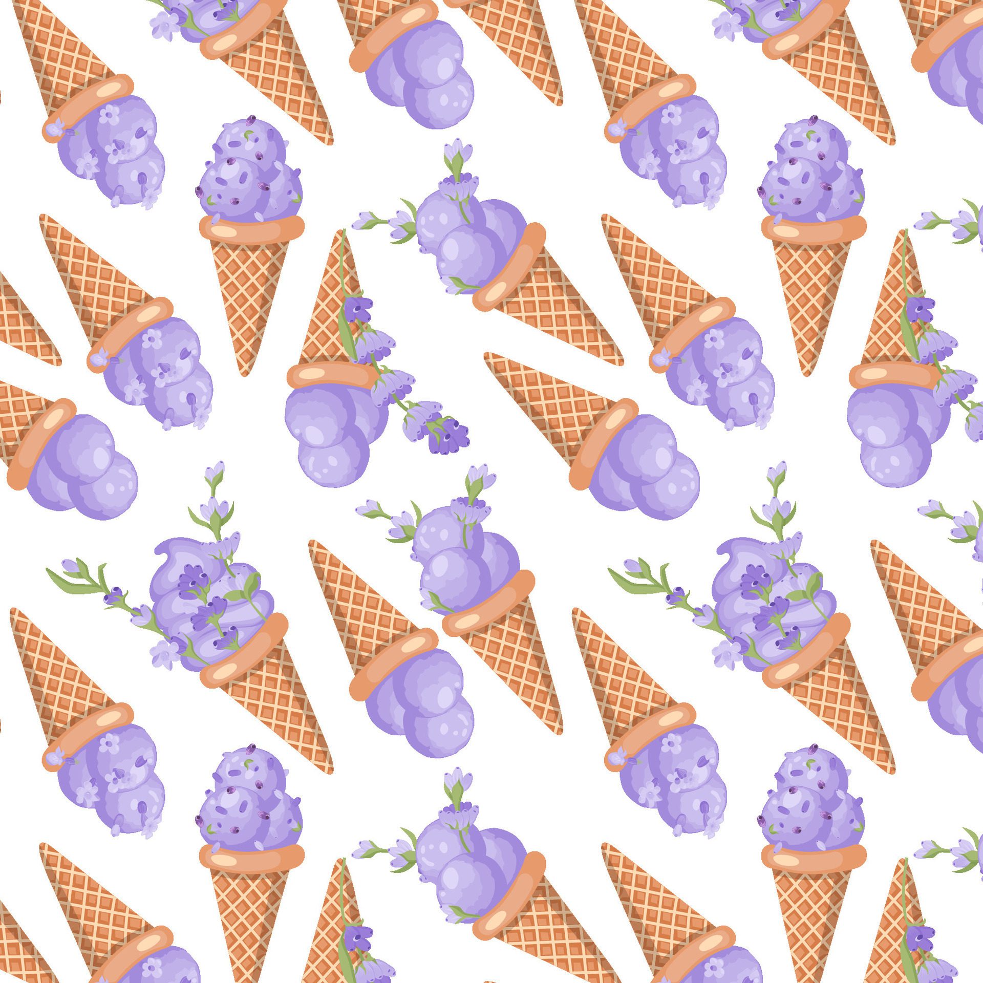 Lavender ice cream. Three scoops of creamy sweet dessert in a waffle cone. Purple sorbet. Seamless pattern. illustration. Free Vector