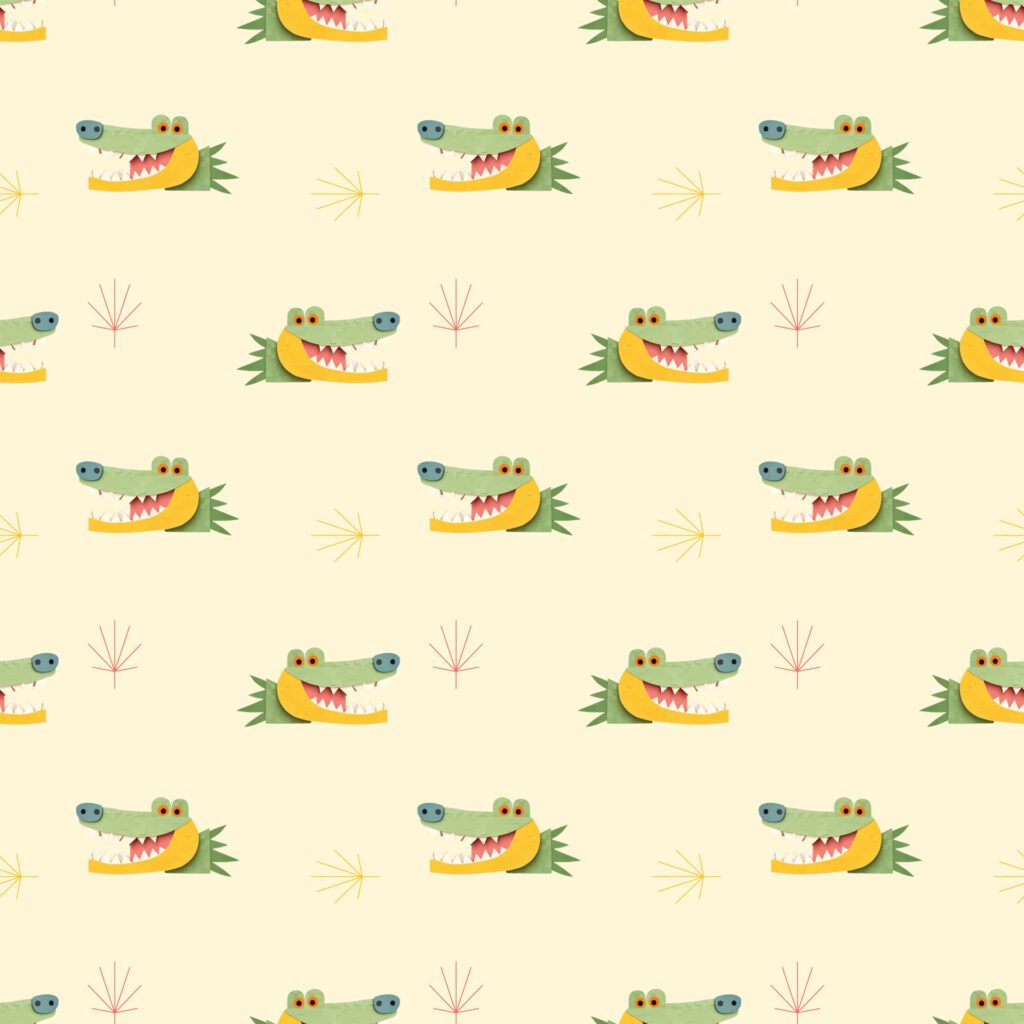 Seamless Pattern with Cartoon Crocodile Face Design on Light Yellow Background Free Vector