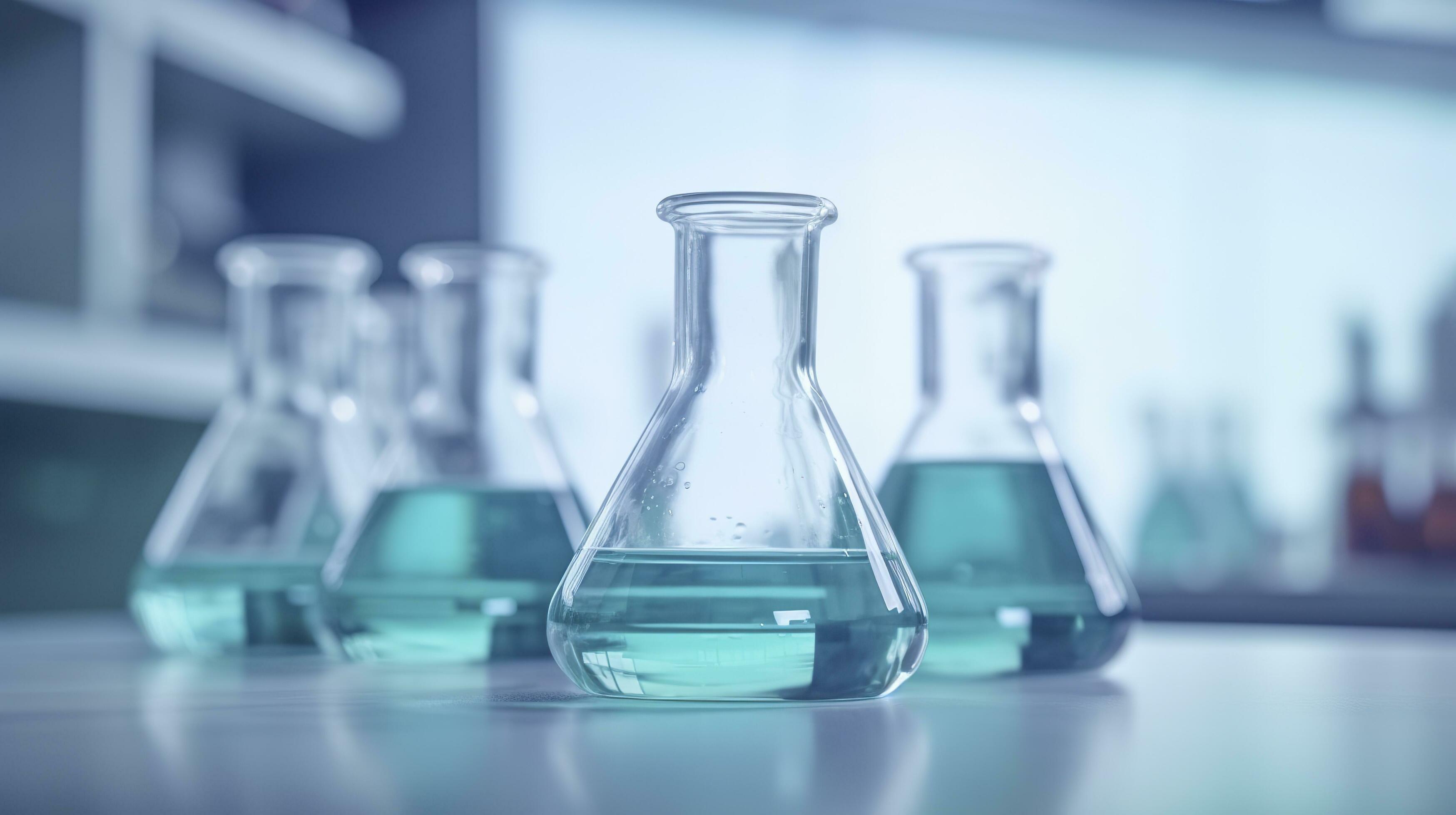 A Science Beaker in the laboratory on a table white and light blue background.. laboratory equipment out of focus. AI Generative Stock Free